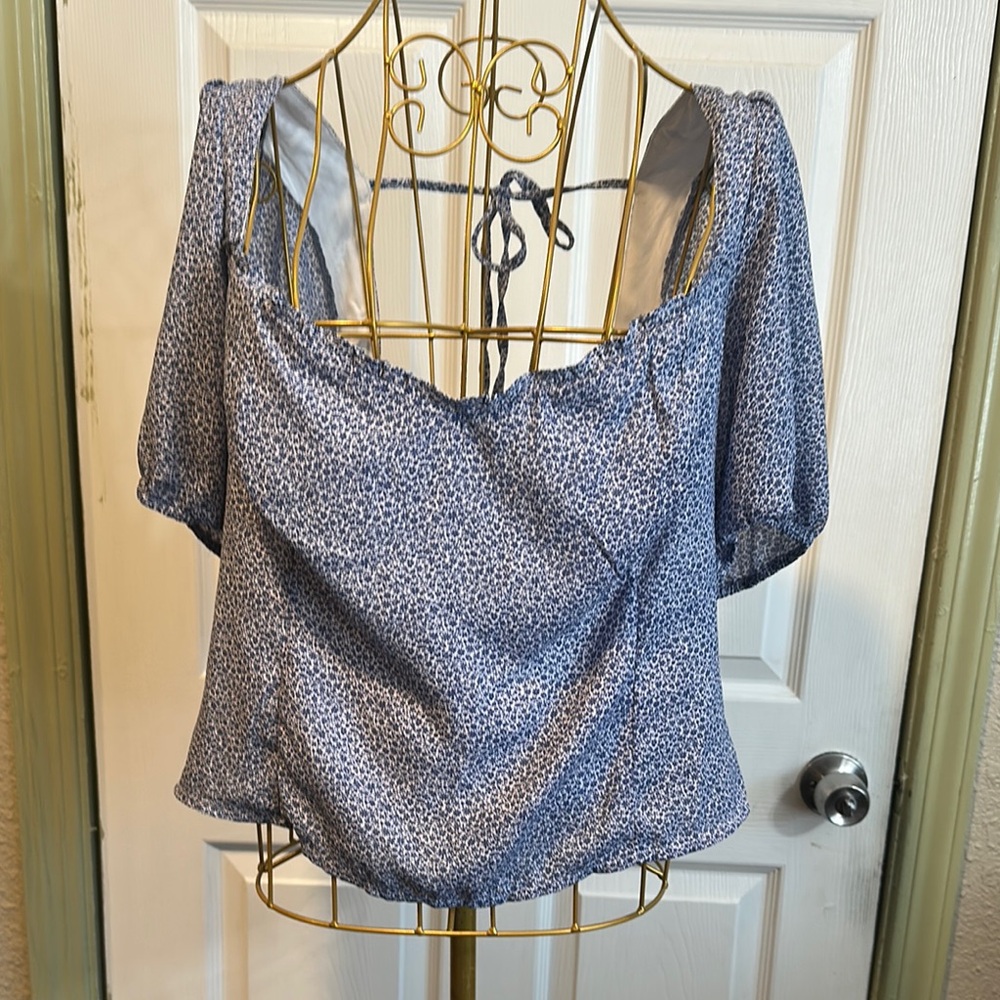 Abercrombie & Fitch floral Blue and White Puff Sleeve smocked Crop Top